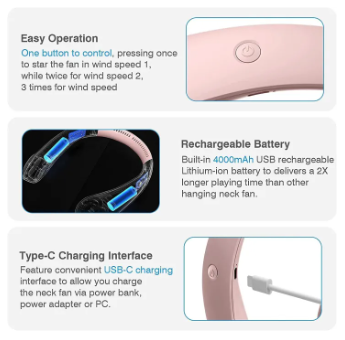 Portable Neck Fan USB Rechargeable Adjustable Personal Fan for Indoor & Outdoor Use