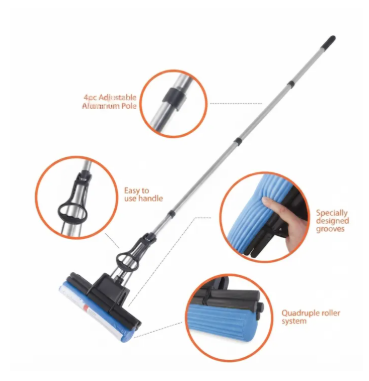 Adjustable Sponge Mop with Red Handle | Floor Cleaning Mop for Home, Kitchen, Bathroom & Office