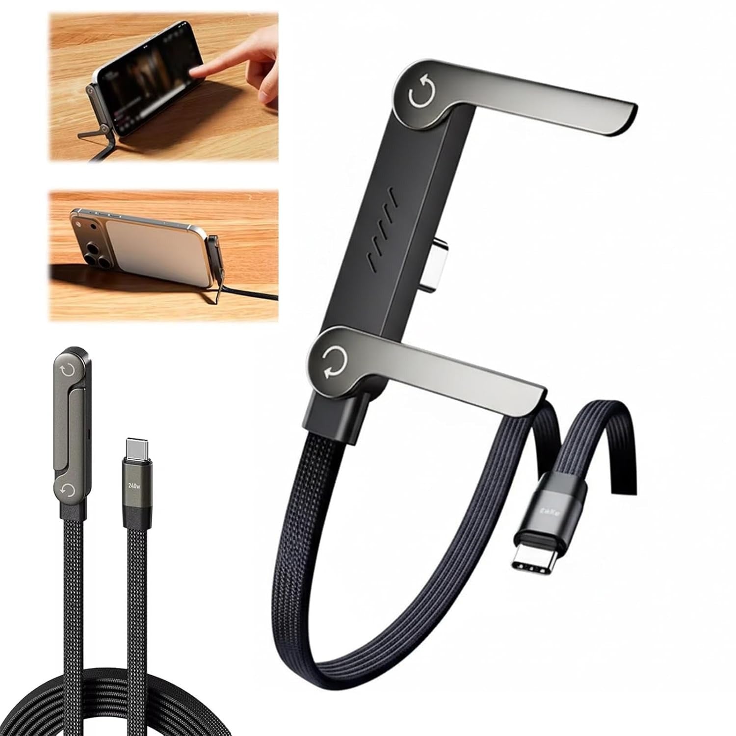 240W 2-in-1 Type C Fast Charging Cable With Foldable Bracket | Type-C to Type-C Data Cable & Desktop Holder