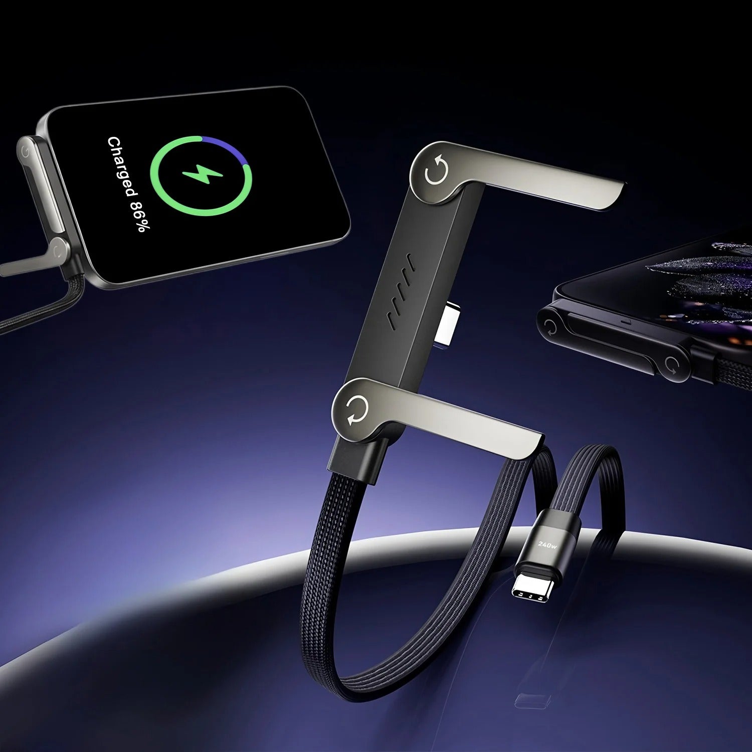 240W 2-in-1 Type C Fast Charging Cable With Foldable Bracket | Type-C to Type-C Data Cable & Desktop Holder