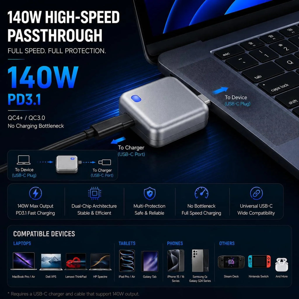 140W Type C Smart Auto Stop Charging Adapter USB  | Automatic Charging Disconnector